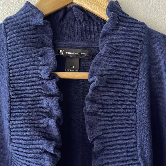 INC crop navy blue sweater size XS with ruffle detailing . 2/3 sleeves - Picture 2 of 5